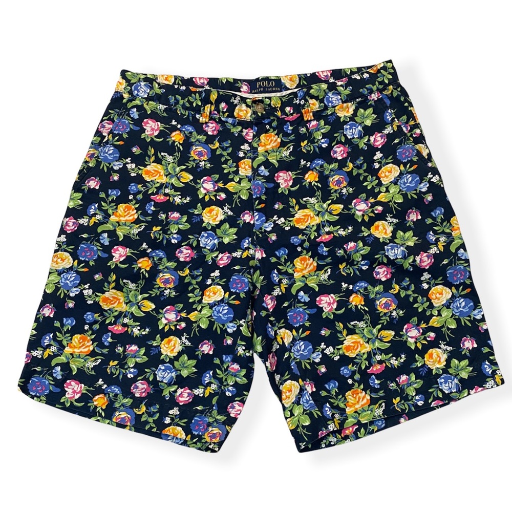 Polo Ralph Lauren Floral Print Linen Cotton Chino Shorts Flat Front Mens Sz 32